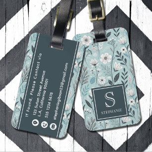 Green and White Floral Pattern with Monogram Name Luggage Tag