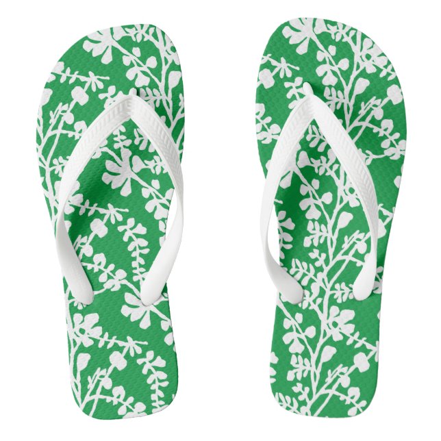 Green And White Floral Repeating Pattern Flip Flops (Footbed)