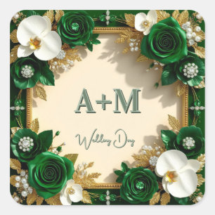 Green And White Floral Wedding Gold Details Square Sticker