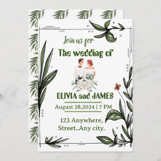 Green and white floral Wedding invitation