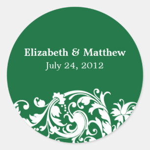 Green and White Flourish Swirl Wedding Favour Labe Classic Round Sticker