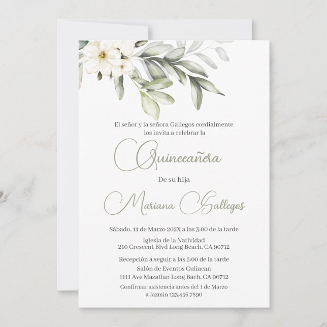 Green and white flower  Quinceanera invitation (Front)