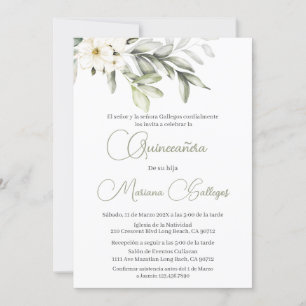 Green and white flower Quinceanera invitation