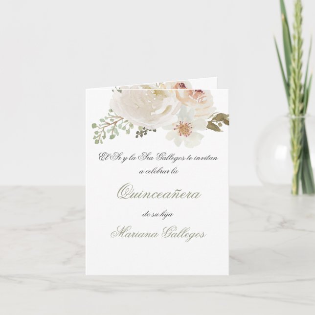 Green and white flower Quinceanera invitation (Front)