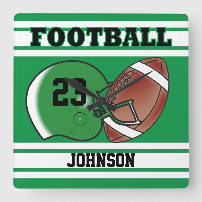 Green and White Football Sport | Personalise Square Wall Clock (Front)
