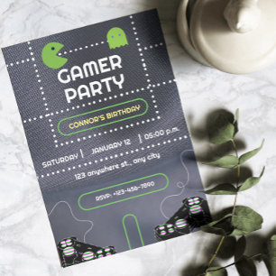 Green and White Gamer Birthday Party Invitation