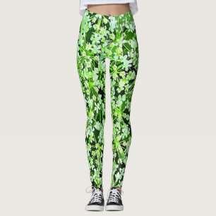 Green and White Garden Flowers Floral Leggings