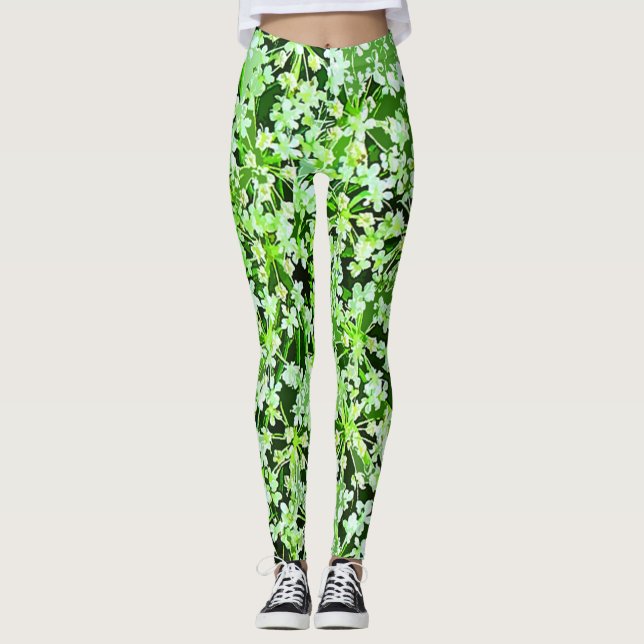Green and White Garden Flowers Floral Leggings (Front)