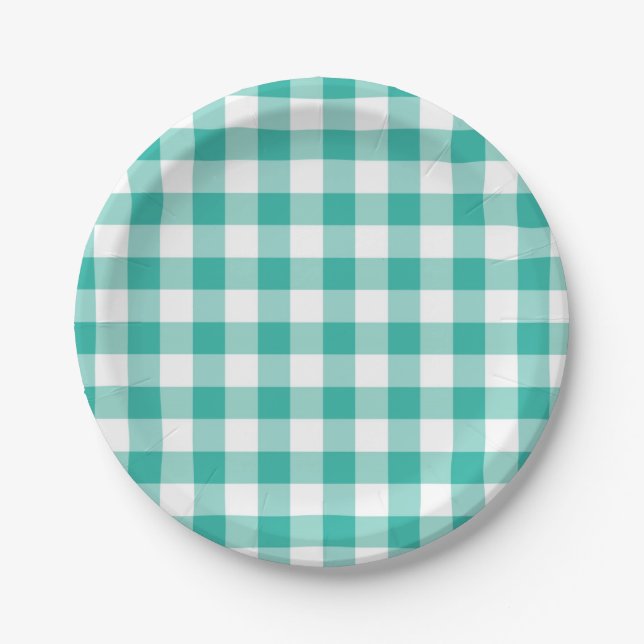 Green And White Gingham Check Pattern Paper Plate (Front)
