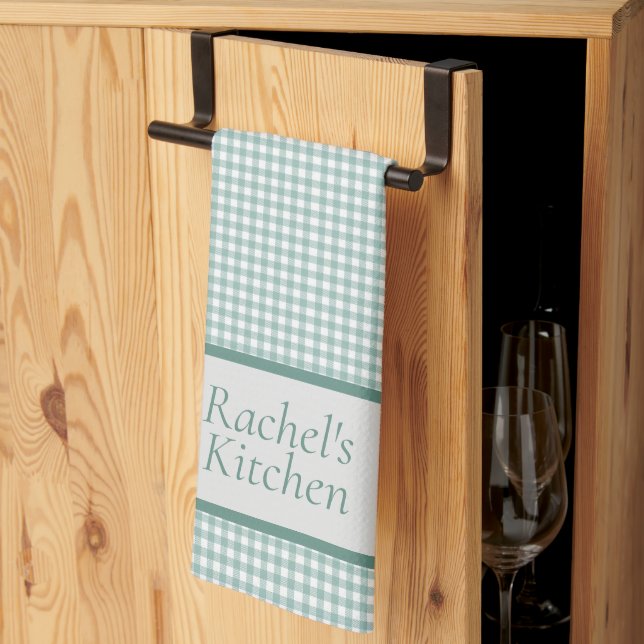  Green and White Gingham Check Personalised Tea Towel (Thirds Fold)