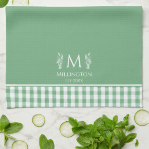 Green and White Gingham Custom Name Monogram Tea Towel
