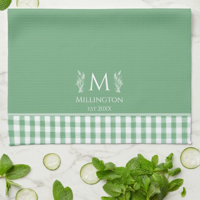 Green and White Gingham Custom Name Monogram Tea Towel (Folded)