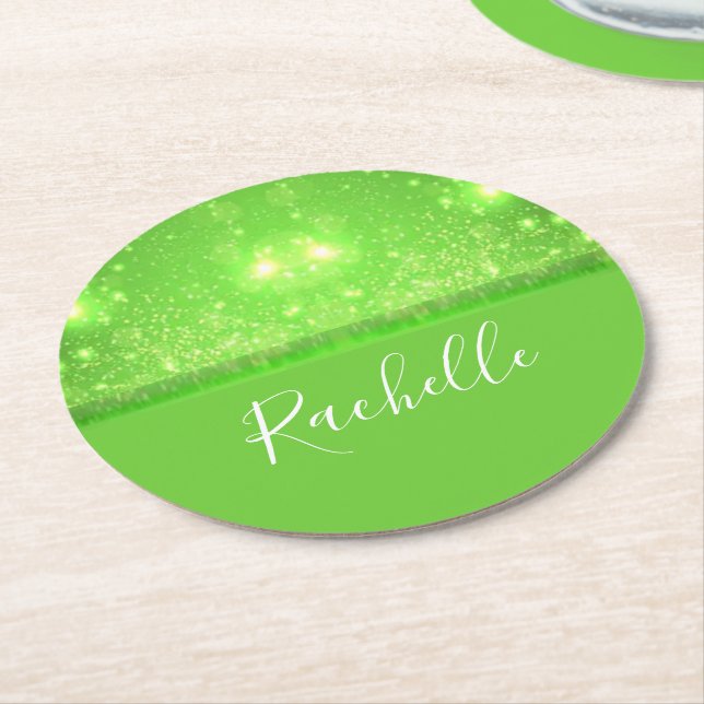 Green and white glitter print round paper coaster (Angled)