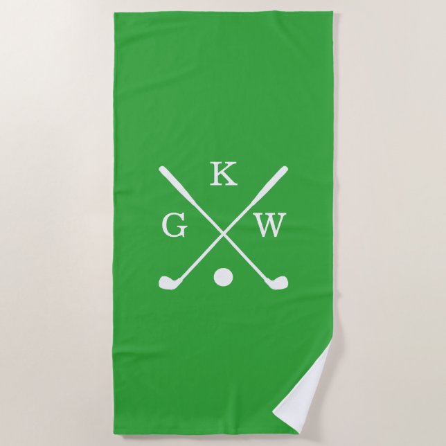 Green and White Golf Clubs Monogram Golf Beach Towel (Front)