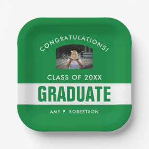 Green and White Graduation Personalised Photo Paper Plate
