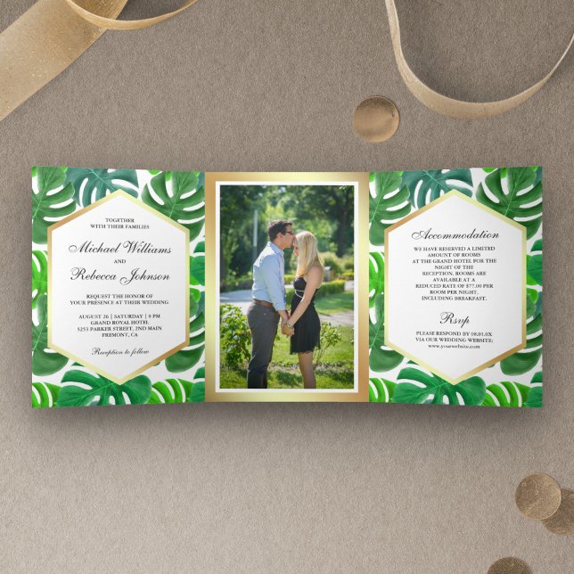Green and White Hexagon Monstera Tropical Wedding Tri-Fold Invitation (Creator Uploaded)
