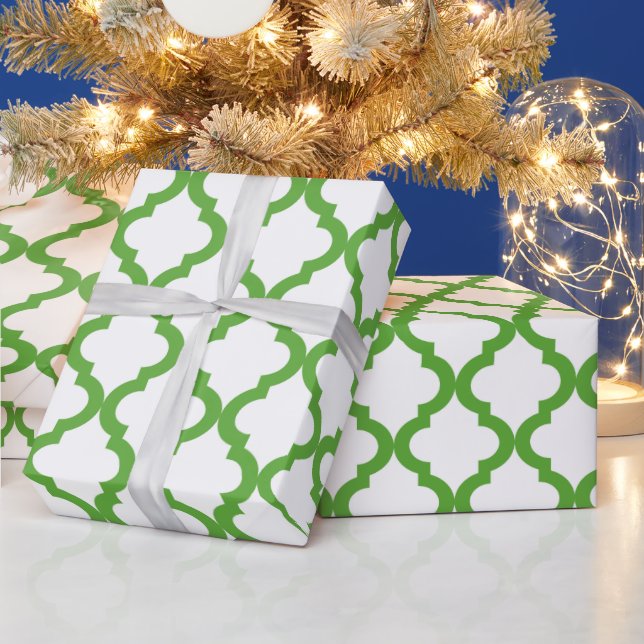 Green and White Holiday Moroccan Quatrefoil Wrapping Paper (Holidays)