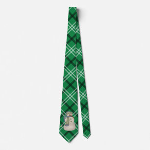 Green and White Holiday Plaid Snowman Tie