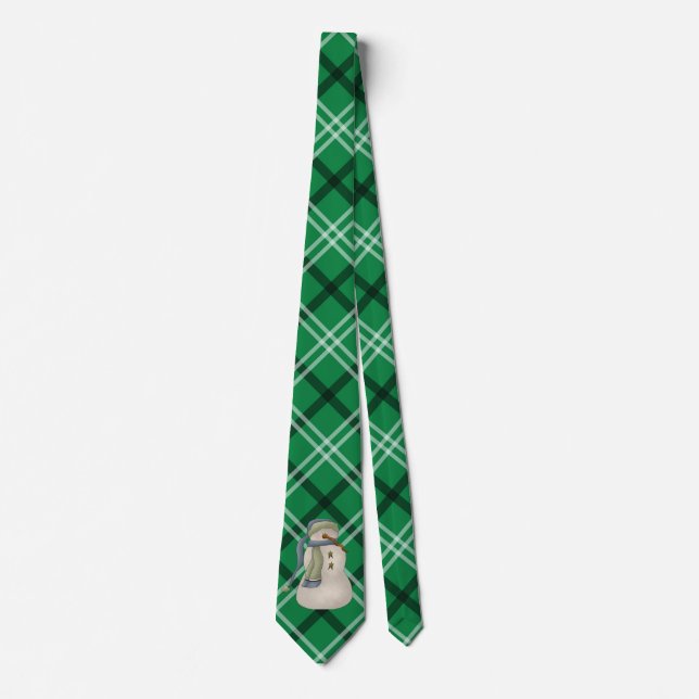 Green and White Holiday Plaid Snowman   Tie (Front)