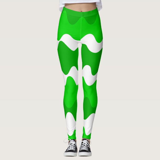 Green and white horizontal waves pattern  leggings (Front)