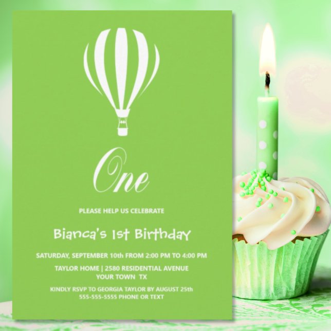 Green and White Hot Air Balloon 1st Birthday Party Invitation (Creator Uploaded)