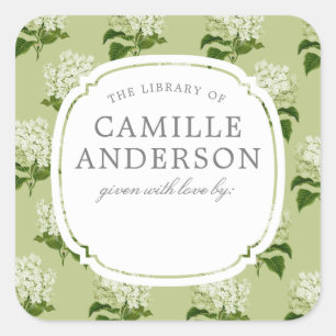 Green and White Hydrangea Baby Nursery Book Plate Square Sticker