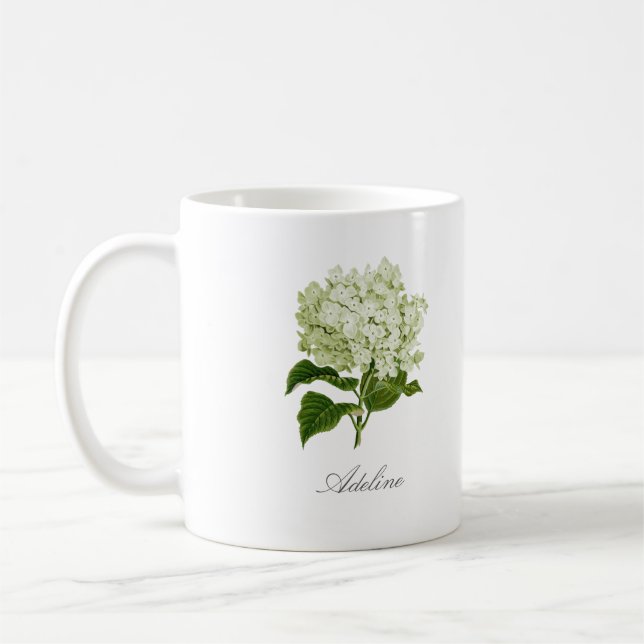 Green and White Hydrangea Flower and Custom Name Coffee Mug (Left)