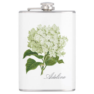 Green and White Hydrangea Flower with Name Hip Flask