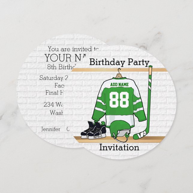 Green and White Ice Hockey Jersey Birthday Party Invitation (Front/Back)