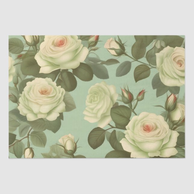 Green and White Italian Flower Print Decoupage /  Tissue Paper (Front)