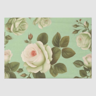 Green and White Italian Flower Print Decoupage /  Tissue Paper