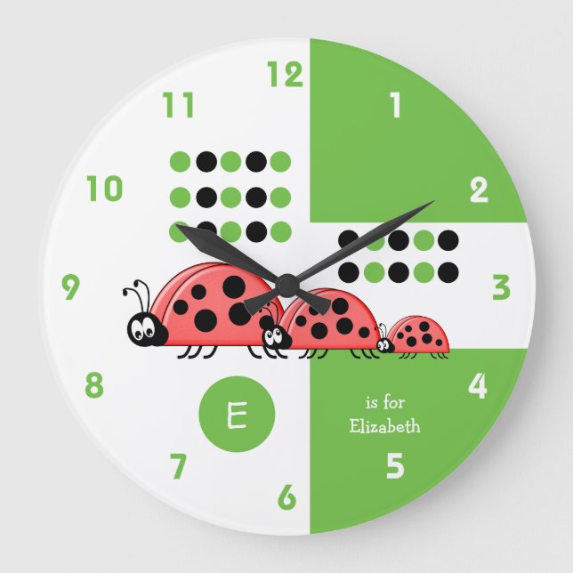 Green and white kids ladybirds with name large clock (Front)