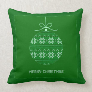Green And White Knitted Merry Christmas Ornament Cushion
