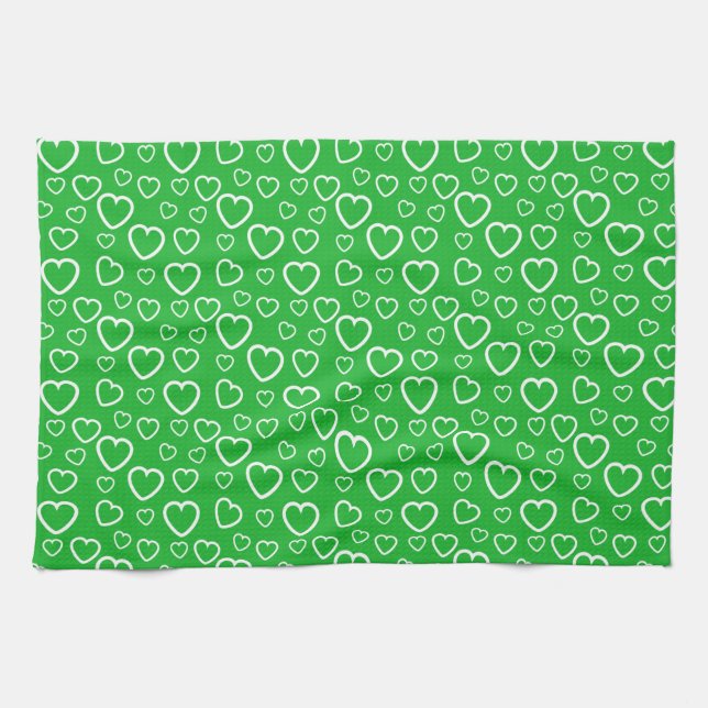 Green and White Love Hearts Pattern Tea Towel (Horizontal)
