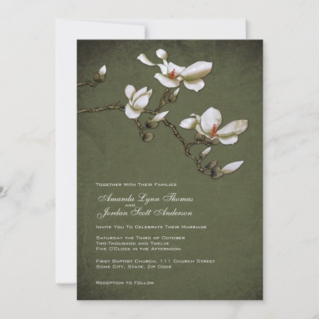 Green and White Magnolia Wedding Invitation (Front)