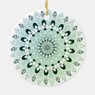 Green and White Mandala Flower Design  Ceramic Tree Decoration
