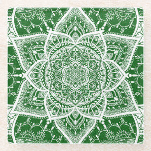 Green and White Mandala - Loergann in Moringa Glass Coaster