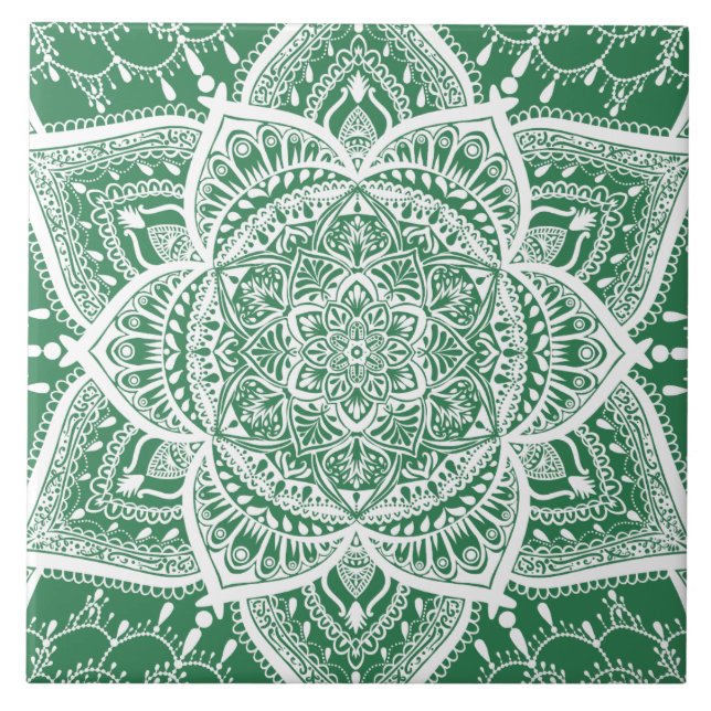 Green and White Mandala - Loergann in Rosemary Tile (Front)
