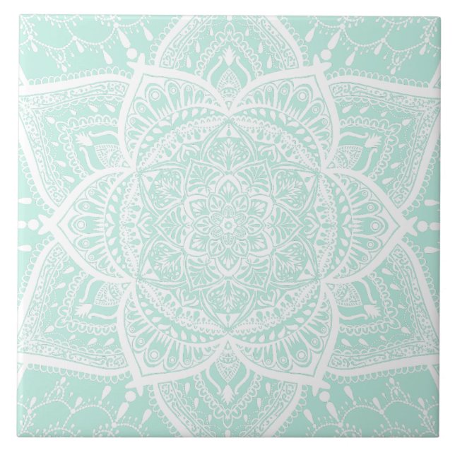 Green and White Mandala - Loergann in Sea Glass Tile (Front)