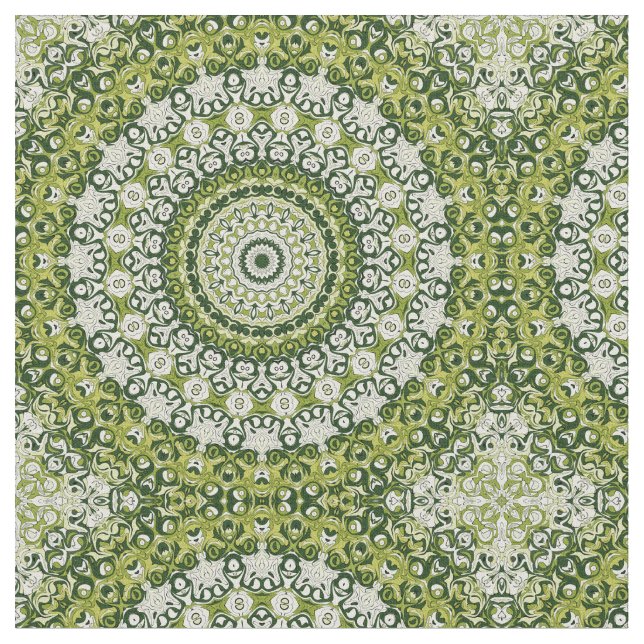 Green and White Mandala Pattern Design Fabric (Close Up)