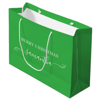Green and White Merry Christmas Bow Signature Name Large Gift Bag