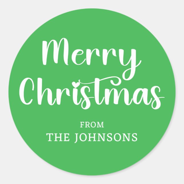 Green and White Merry Christmas Classic Round Sticker (Front)