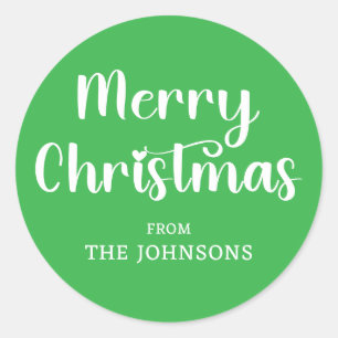 Green and White Merry Christmas Classic Round Sticker