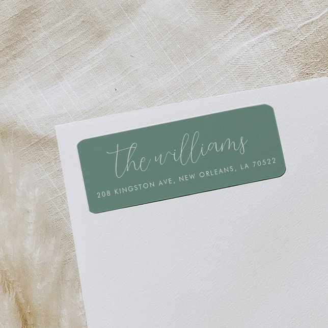 Green and White Modern Script Return Address Label (Green script family name return address labels.)