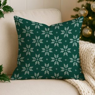 Green and White Nordic Snowflake Holiday Cushion