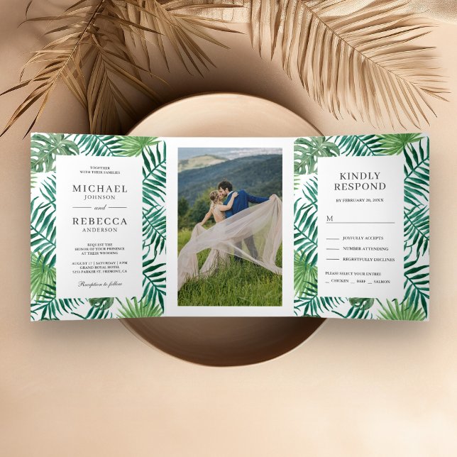 Green and White Palm Leaves Tropical Wedding Tri-Fold Invitation (Creator Uploaded)