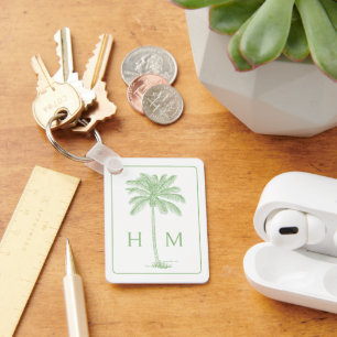 Green and White Palm Palmetto Tree Monogram Key Ring