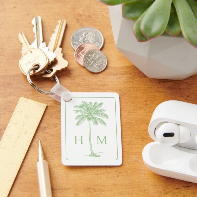 Green and White Palm Palmetto Tree Monogram Key Ring (Desk)