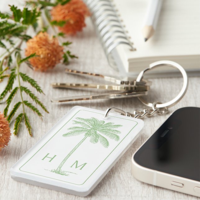 Green and White Palm Palmetto Tree Monogram Key Ring (Front Right)