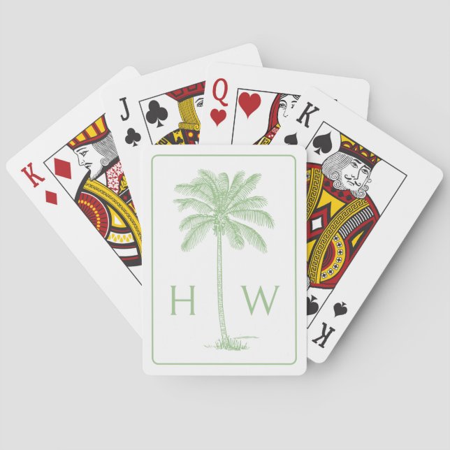 Green and White Palm Palmetto Tree Monogram Playing Cards (Back)